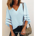 Women's V-Neck Mesh Panel Blouse